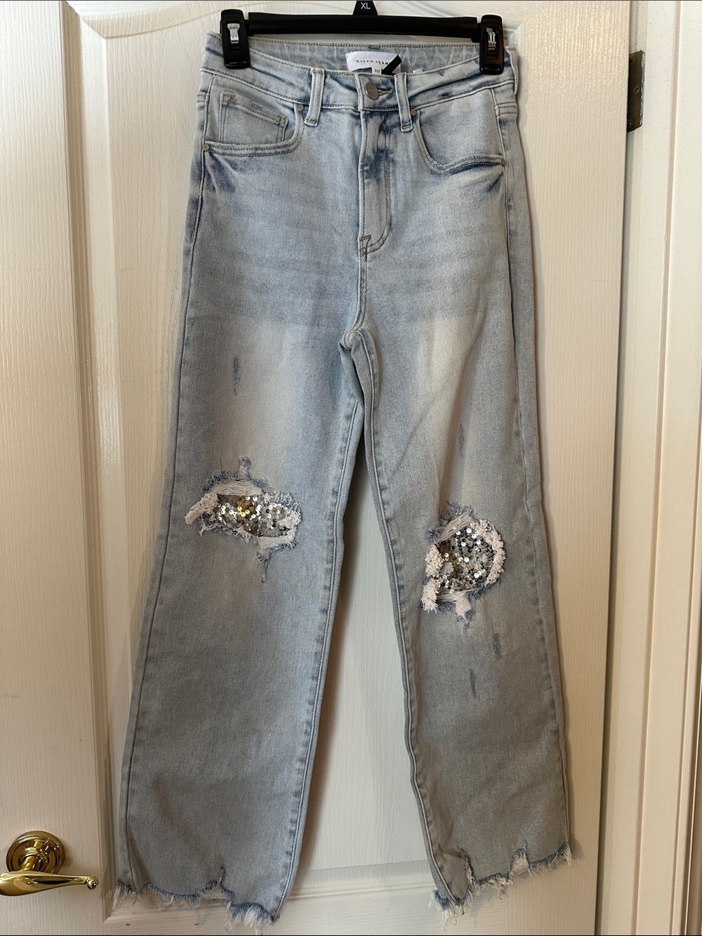 Embellished Light Wash Straight-Leg Jeans - Sequin Knee Detail